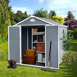 6x8 FT Resin Outdoor Storage Shed with Floor,All-Weather Outdoor Shed with Lockable Door,Window & Sloped Roof,Plastic Outside Tool Storage for Garden,Backyard,Patio,Lawn,Gray