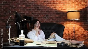 pretty brunette woman puts a magnifying glass to mouth and says funny