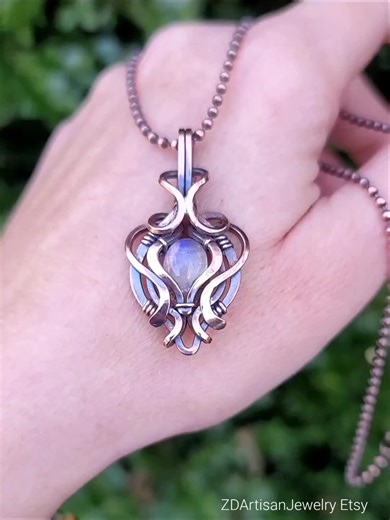 💎Intricate, layered hand cold forged and wrapped moonstone fantasy talisman pendant necklace in antiqued and polished pure copper wire. Today 6PM EST with complimentary 18