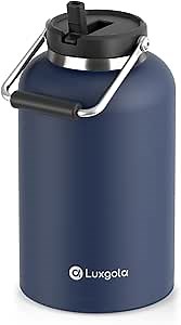 1 Gallon Water Jug, 128oz Stainless Steel Large Insulated Bottle | Big Metal Tumbler with Straw Lid and Handle, Triple Wall Vacuum, for Hot & Cold Drinks, Travel, Hiking, Camping- Dark Blue