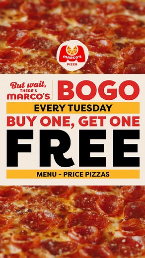 Break out of your 🍕 rut and enjoy deliciousness with Marco's BOGO every Tuesday! *Free pizza must be of equal or lesser value. Offer valid on Tuesdays for a limited time only. May not be valid with other offers or $ or % off discounts. Order must include all required items. Delivery fee/tax extra (varies by store). Delivery orders must meet stated minimum. No cash value. Restrictions may apply – see store for details. Prices subject to change. ®/© 2025 MP Marks, LLC. All rights reserved. | Marc