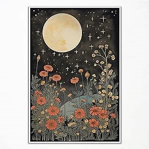 Vintage Moon Flowers Canvas Wall Art, Retro Mystical Celestial Moon Poster, Rustic Orange Yellow Wildflower Field Print, Cottagecore Ethereal Moonlight Botanical Floral Wall Decor 12x16in Unframed