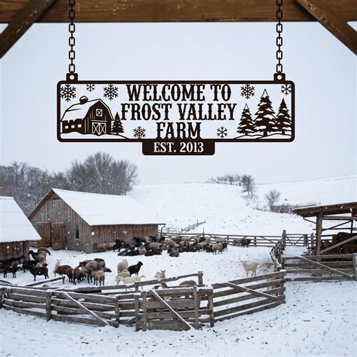 Personalized Winter Farm Metal Sign, Custom Ranch Name Snowflake Barn Sign, Rustic Outdoor Welcome Farmhouse Decor - Etsy