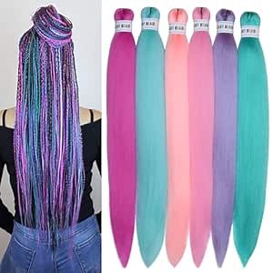 6pcs Colorful Braiding Hair Pre Stretched 26inch Colored Braiding Hair for Braids Hot Water Setting Soft As Human Hair Pre stretched Rainbow Braid Hair Extensions