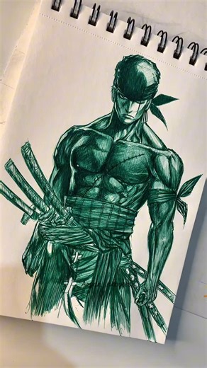 Aryan on Instagram: "Zoro Drwing From Onepiece ✍️🤩 Right Hand man of king of the pirates Monkey D Luffy. By @aryan_inkbytes In this drawing I use green pen for zoro because his Aura is Green as hell. From Luffy’s pirate crew he is the one of the strongest swordsman. I hope you appreciate me for more drawing content. . . . . #luffy #zoro #nami #usopp #sanji #tonytonychopper #robin #franky #brook #jimbey #anime #art #drawing #insta #instagram"