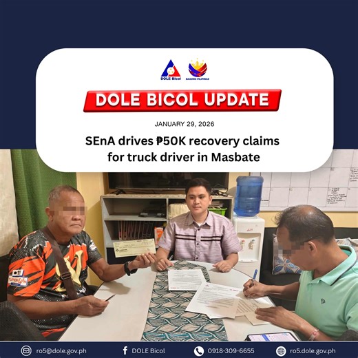 𝐒𝐄𝐧𝐀 𝐝𝐫𝐢𝐯𝐞𝐬 ₱𝟓𝟎𝐊 𝐫𝐞𝐜𝐨𝐯𝐞𝐫𝐲 𝐜𝐥𝐚𝐢𝐦𝐬 𝐟𝐨𝐫 𝐭𝐫𝐮𝐜𝐤 𝐝𝐫𝐢𝐯𝐞𝐫 𝐢𝐧 𝐌𝐚𝐬𝐛𝐚𝐭𝐞 “𝘔𝘢𝘩𝘪𝘳𝘢𝘱 𝘯𝘰𝘰𝘯𝘨 𝘶𝘯𝘢, 𝘢𝘬𝘢𝘭𝘢 𝘬𝘰 𝘸𝘢𝘭𝘢 𝘢𝘬𝘰𝘯𝘨 𝘭𝘢𝘣𝘢𝘯 𝘬𝘢𝘴𝘪 𝘮𝘢𝘨-𝘪𝘴𝘢 𝘭𝘢𝘯𝘨 𝘢𝘬𝘰.” 𝗠𝗮𝘀𝗯𝗮𝘁𝗲 𝗖𝗶𝘁𝘆 – This thought of uncertainty weighed heavily to a tanker truck driver previously employed at a local gasoline station in Masbate City. Through the effective conciliation-mediation under the Single-Entry Approach (SEnA) of the Department of L
