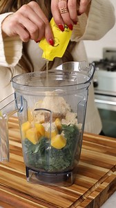 TROPICAL GREEN SMOOTHIE 💚🌴🐸 I like to enjoy this one for breakfast because it keeps me full for hours, but it’s also a good one to enjoy in between meals too! Customize it and make it your own!⁣ ⁣ ⁣ Makes 1 Smoothie⁣ 1 1/2 cups chopped kale (any variety, I prefer curly kale)⁣ 1 cup 365 by Whole Foods Market frozen mango or pineapple chunks ⁣ 1 scoop vanilla protein powder (I used @truvani) or plant-based collagen powder (@copinaco)⁣ 1 lemon, squeezed⁣ 1/2 inch piece fresh ginger⁣ 1 tb 365 bra