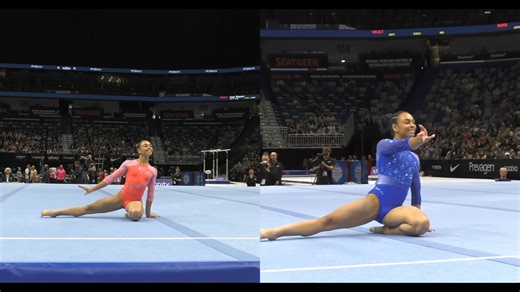 Hezly Rivera Super Slow Motion Floor FX 2025 Xfinity US Championships Comparison Day 1 - Day 2 Day 1 Floor Exercise (August 8, 2025) Score: 14.000 (Difficulty: 5.8 | Execution: 8.200) Routine Highlights: Tumbling Passes: Opened with a full-twisting double layout (landed with a step back but stayed in bounds), followed by a double layout (small hop back), and closed with a punch front through to a double back (uncontrolled rebound but controlled overall). Her third pass featured a 2.5 twist with 