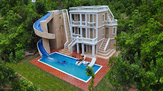 A stunning jungle water slide and hidden pool created by bare hands from mud and stone