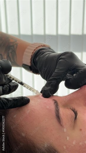 Beauty clinic. Beautician hands in gloves making face aging injection in a female skin. A woman gets beauty facial cosmetology procedure. Botox. collagen injections. Shot in 4k