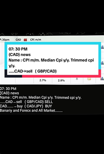 07: 30 PM (CAD) news Name : CPI m/m. Median Cpi y/y. Trimmed cpi y/y. ......CAD→sell ( GBP/CAD) SELL CAD.......→buy ( CAD/JPY) BUY Banariy and Forecx and All Market........ #forextrading #binaryoptions #viraltiktok #30 #news