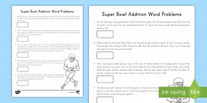 Second Grade Super Bowl Addition Word Problems I 2-Digit Addends
