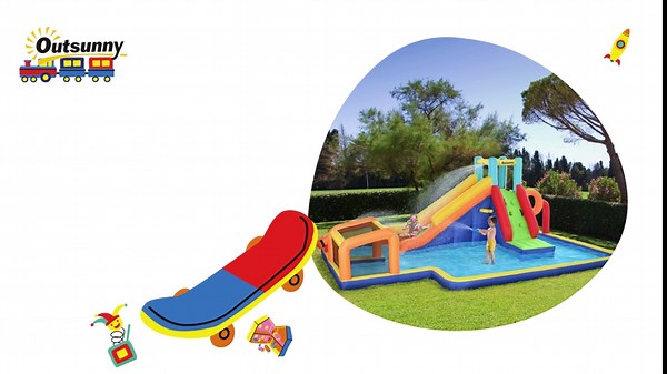 Outsunny Kids Inflatable Water Slide 6-in-1 Bounce House Water Park Jumping Castle with Water Pool, Slide, Soccer Goal, Basketball Hoop, Climbing Walls, & 2 Water Cannons, 450W Air Blower