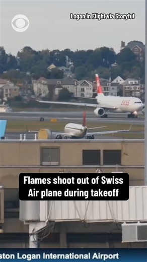 1.1M views · 7.1K reactions | A Swiss Air Lines flight preparing to depart Boston for Zurich was forced to stop after smoke and flames erupted from its right engine as it was about to takeoff. No injuries were reported. Footage streamed from "Logan in Flight" shows the incident before emergency vehicles arrived and the aircraft being turned around. https://cbsn.ws/3K4VT5v | CBS News | Facebook