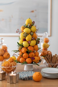 🍊✨ My Citrus Tree Centerpiece! This is one of the easiest (and prettiest!) centerpieces I’ve made and it smells incredible. Here’s how to make one: Start with a medium foam cone and place it on a cake stand or sturdy base. Add toothpicks around the bottom of the cone. Press clementines onto the toothpicks, working your way around and up the cone. Finish the very top with a lemon for a cute “tree topper.” Fill in any little gaps with dried herbs, flowers, or greenery to give it a full, charming 