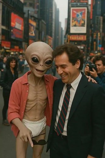 The alien takes a picture with the most famous person in the world