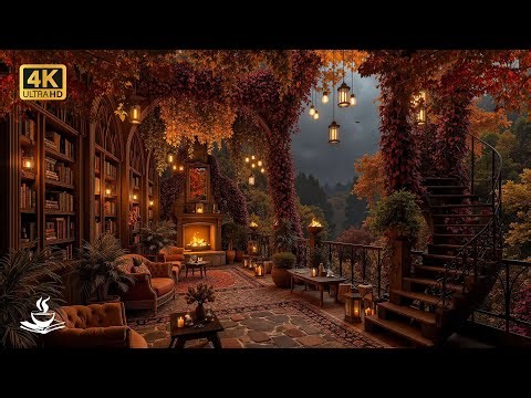 Autumn Library Jazz 🍂 Warm Fireplace Ambience with Candlelight Glow and Falling Leaves Serenity