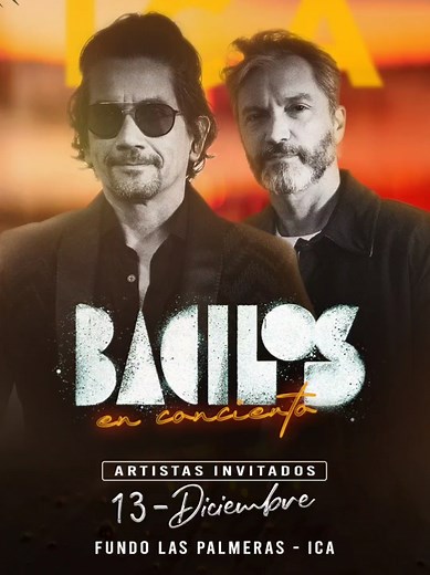 ¡𝗜𝗰𝗮! ☀️ Este 13 de diciembre por primera y única vez, 𝗕𝗮𝗰𝗶𝗹𝗼𝘀 en concierto junto a invitados especiales. Prepárense qué llego el mejor concierto de los últimos años a la ciudad del eterno sol. 🌄😎 📌 𝗙𝘂𝗻𝗱𝗼 𝗹𝗮𝘀 𝗣𝗮𝗹𝗺𝗲𝗿𝗮𝘀. 🗓️ 𝟭𝟯 𝗱𝗲 𝗗𝗶𝗰𝗶𝗲𝗺𝗯𝗿𝗲 🎟️ 𝗧𝗲𝗹𝗲𝘁𝗶𝗰𝗸𝗲𝘁 Ultimos boxs al 903 385 415. 🎉 #ica