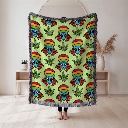 Hippie Alien Weed Blanket, Marijuana Leafs Woven Blanket, Stoner Gift, Weed Lover Home Decor Gift, Funny Weed Sherpa Throw - Etsy