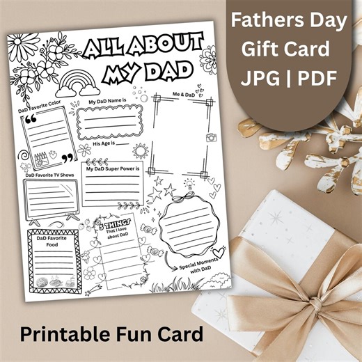 Father's Day Coloring Page | Printable Fun Card | All About Dad | (JPG, PDF) Activity Page for Kids | Fathers Day Gift | Digital Download - Etsy