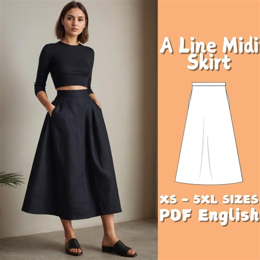 A Line Skirt Sewing Pattern Women Midi Skirt With Pockets PDF Pattern High Waist Casual Skirt PDF Sewing Pattern - Etsy