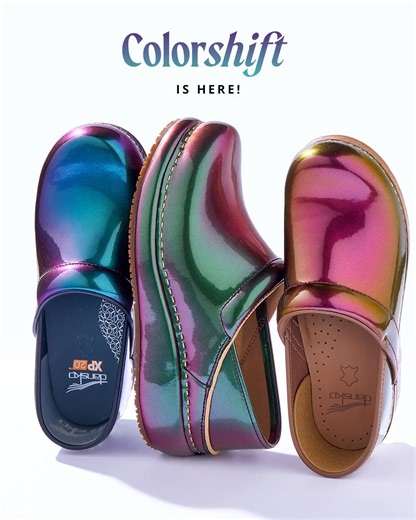 Change up the energy, the mood, and the outfit with every step forward in new Colorshift clogs! 🎨 🌈 Choose from the Professional, Platform Pro or the XP 2.0 clog in head-turning pearlescent patent leather! | Dansko Footwear