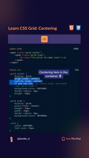 Horizontal and vertical centering is often a challenge for beginners 🙉 There are many methods how to achieve it, in this post we will use #css3 grid with align-items and justify-items. We will also introduce place-items shorthand 🚀 #learncss #csstips #csstricks #learnhtml #htmlcss #html5 #html #learntocode #learntocodetok #codersoftiktok #csstips #webdev #webdeveloper #coders #frontend #frontenddeveloper #javascript #learnjavascript #reactjs #reactjsdeveloper #programmer #programming #develope