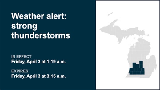 Update: Weather alert for strong thunderstorms in 12 Michigan counties until 3 a.m. EDT Friday