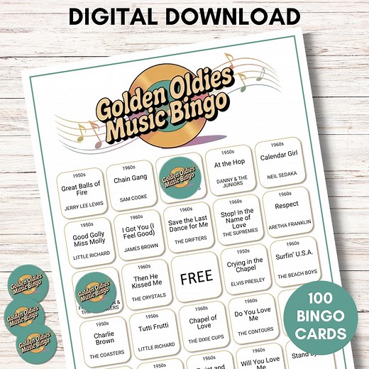 Golden Oldies Music Bingo – 50s & 60s Songs Game, Printable Cards for Family Fun and Senior Center Parties – Includes Music Squares Version - Etsy