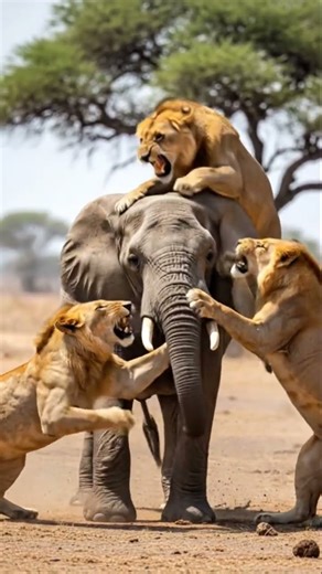 Shocking Scene: 3 Lions Attack a Massive Elephant #lion #elephant #viral