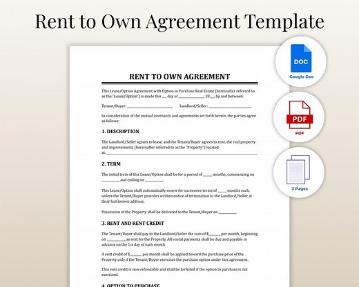 Rent to Own Agreement Template | Lease to Own Contract Printable | Printable Real Estate Form A4 PDF & Word - Etsy
