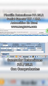 Plantilla Retenciones IVA ISLR Seniat Generar TXT / XML Automático En Excel. Esta plantilla le ayudara a generar retenciones de IVA e ISLR además de ello podrás crear automáticamente el archivo tanto TXT como XML para subir al sistema automatizado del SENIAT, además todo está de conformidad a la normativa tributaria nacional venezolana, es ideal para todo tipo de empresa o negocios sea cual sea su rubro y tamaño, con esta novedosa herramienta tendrá el control total de retenciones a sus proveedo