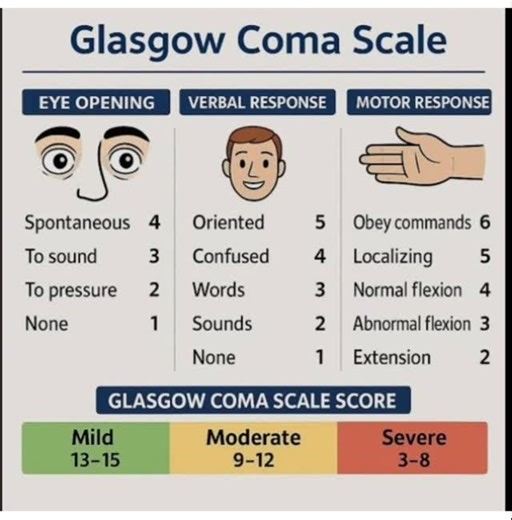 Dr.Farhana Baseer on Instagram: "The Glasgow Coma Scale (GCS) is used to assess the level of consciousness in patients with head injury, trauma, syncope, sedation, medical emergencies—all important scenarios in dental practice. It evaluates three responses: 1. Eye Opening (E) — 4 points 2. Verbal Response (V) — 5 points 3. Motor Response (M) — 6 points Emergency Situations Where GCS Is Important 1. Head injury in dental clinic (fall, syncope leading to head trauma) 2. Facial trauma patients (OMF