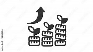 Animated growth with graph, coin stack and a money plant growing out of it. Suitable for success, finance, business and sustainability concept designs. Nature meets data visualization in one