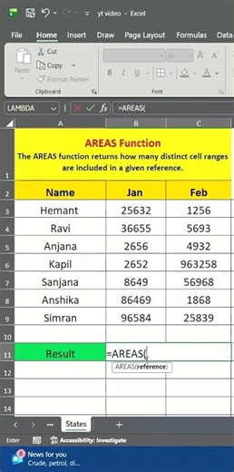 Areas function in Excel | Excel shorts | Excel tutorials #frientech #excel #excelshorts