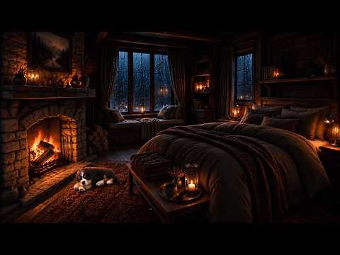 Cozy Thunderstorm, Rain & Crackling Fireplace Sounds ⛈️🔥 Warm Bedroom for Deep Sleep & Relaxation