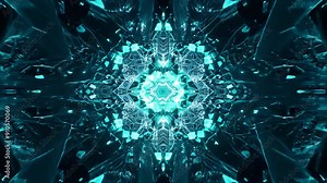 Extreme close-up: Teal crystalline formation explodes in black void. Zooms into geometric center. Shards of light scatter symmetrically, creating kaleidoscopic patterns.