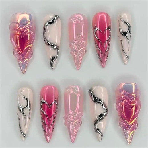 Pink Glass Press on Nails, Clear Nude Chrome Line Nails, Glossy Swirl Stiletto Nails, Reusable Fake Nail Set - Etsy