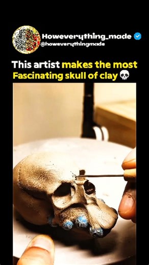 HoweverythingMade on Instagram: "💀How this artist makes the most fascinating clay skull?🎨🔥 Ever wondered how a simple block of clay transforms into a detailed skull masterpiece? It all begins with shaping a solid clay base, roughly molded into the outline of a head. With careful carving, the artist defines the jaw, cheekbones, and eye sockets, giving the structure its signature skull shape. -- Bit by bit, finer tools are used to carve teeth, nose cavities, and subtle cracks, bringing out the 