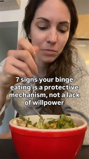 These 👇🏻 1. It happens when you’re overwhelmed, anxious, lonely, or emotionally flooded 2. You feel a sense of calm, numbing, or relief during or right after the binge 3. The urge feels urgent, compulsive, or non-negotiable 4. Bingeing increases after periods of restriction, control, or being “good” 5. You know what you “should” do or not do… but can’t stop 6. Taking food away makes everything worse, not better → more urges, more obsession, more intensity. 7. No matter how many times you've fe