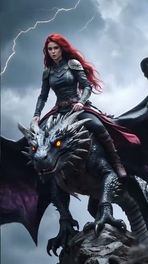 Epic Dragon Ride | Red-Haired Warrior Girl Controls a Dark Dragon | AI Fantasy Animation #shorts