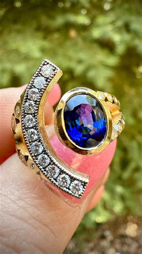 Tuggle Designs on Instagram: "POV: your heirlooms just started their second life. ✨ This 18k yellow gold ring was entirely hand fabricated in our studio. We reset their heirloom sapphire—freshly repolished by @kosnargemco —and accented it with a curved diamond bar, our signature black rhodium bright cut fans, and flush set diamonds to carry sparkle down the band. The foundation of this piece is even more meaningful: we melted down one ring from her grandfather and one from his grandfather, combi