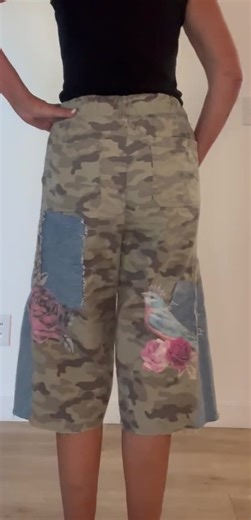 Upcycled Camouflage Boho Pants: Patched Denim, Vintage Embellishments - Etsy