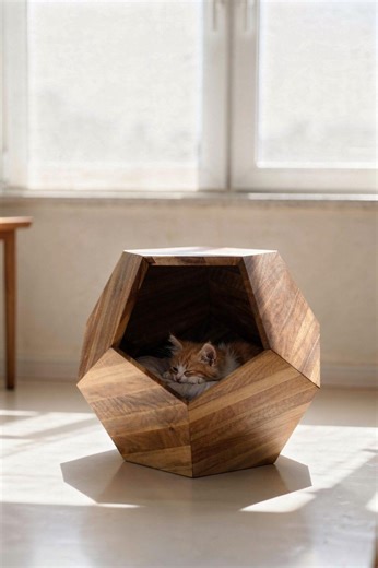 Indoor Cat House Solid Oak or Walnut – Wooden Cat Cave – Modern Cat Hideaway – Geometric Cat House – Cozy Cat Furniture - Etsy
