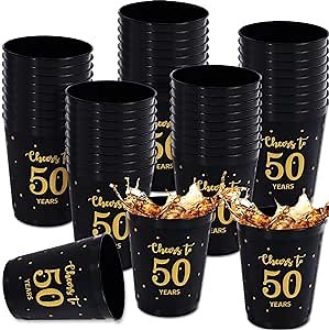 24 Pcs 50th Birthday Plastic Cups Cheers to 50 Years Birthday Reusable Plastic Tumblers Party Supplies Black and Gold Party Plastic Drinking Cups 12oz for Men Women Wedding Anniversary Party Favors