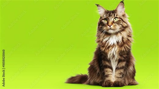 A majestic brown tabby Maine Coon cat with long fur sits elegantly on a green screen looking attentively to the right.