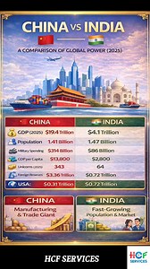 China vs. India: The 2025 Breakdown. 🌏 The landscape of global power is shifting. While China holds a massive lead in GDP and manufacturing, India’s rapidly growing population and rising unicorn count show a powerhouse in the making. 📈 Which economy do you think will define the next decade? Let’s talk in the comments! 👇 . . . ​#GlobalEconomy #ChinaVsIndia #Geopolitics #EconomicGrowth #FutureTrends #2025Predictions | HCF Services