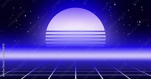 80s retro sunset over a tech grid with a twinkling star field background and low-poly mountain ranges. Seamless looped retro synthwave background.