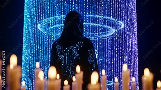 Visualizing Predictive Market Indicators, a mysterious hooded figure with glowing circuitry amidst digital streams and candles.