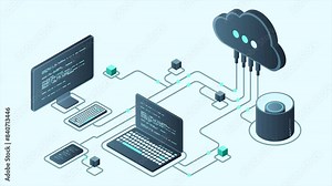 Cloud technology computing animation. Modern cloud technology. Data center isometric concept. Isometric cloud technology with datacenter. Web hosting concept. 4K video animated in isometric style
